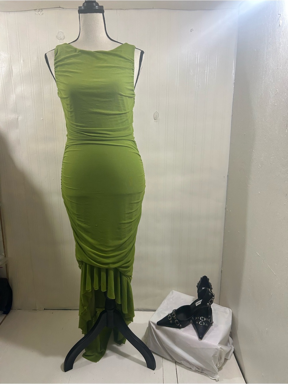 Sleeveless Olive Green Ruched High-Low Dress